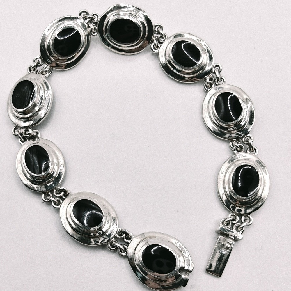 Designer Stamped 925 Sterling Silver Black Onyx Oval Link Bracelet 8 Inch